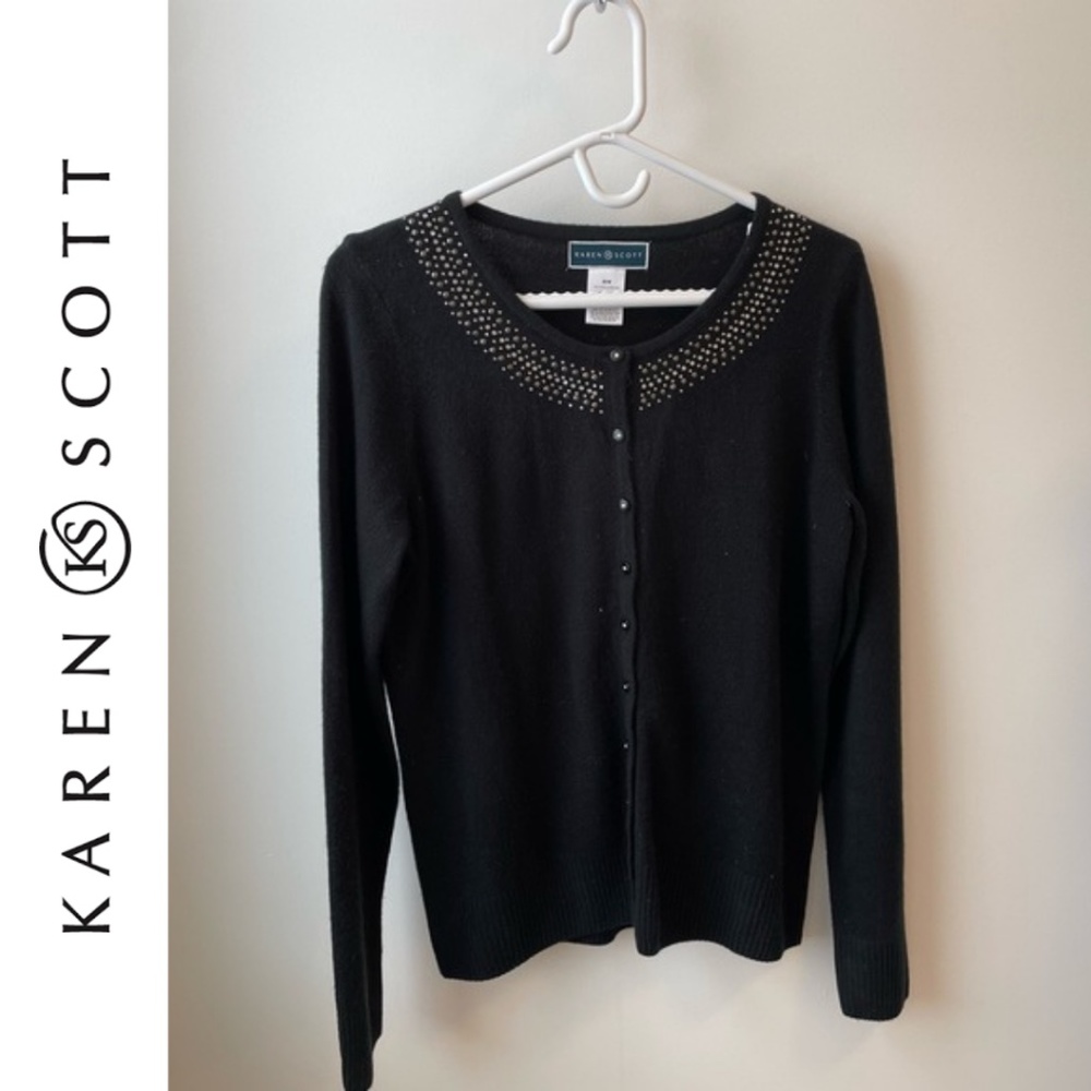 Karen Scott Black Acrylic Mohair Cardigan with Beaded Detail, Size Medium